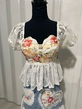 Floral Lace Peplum Crop Top - White with Pink & Yellow Flowers